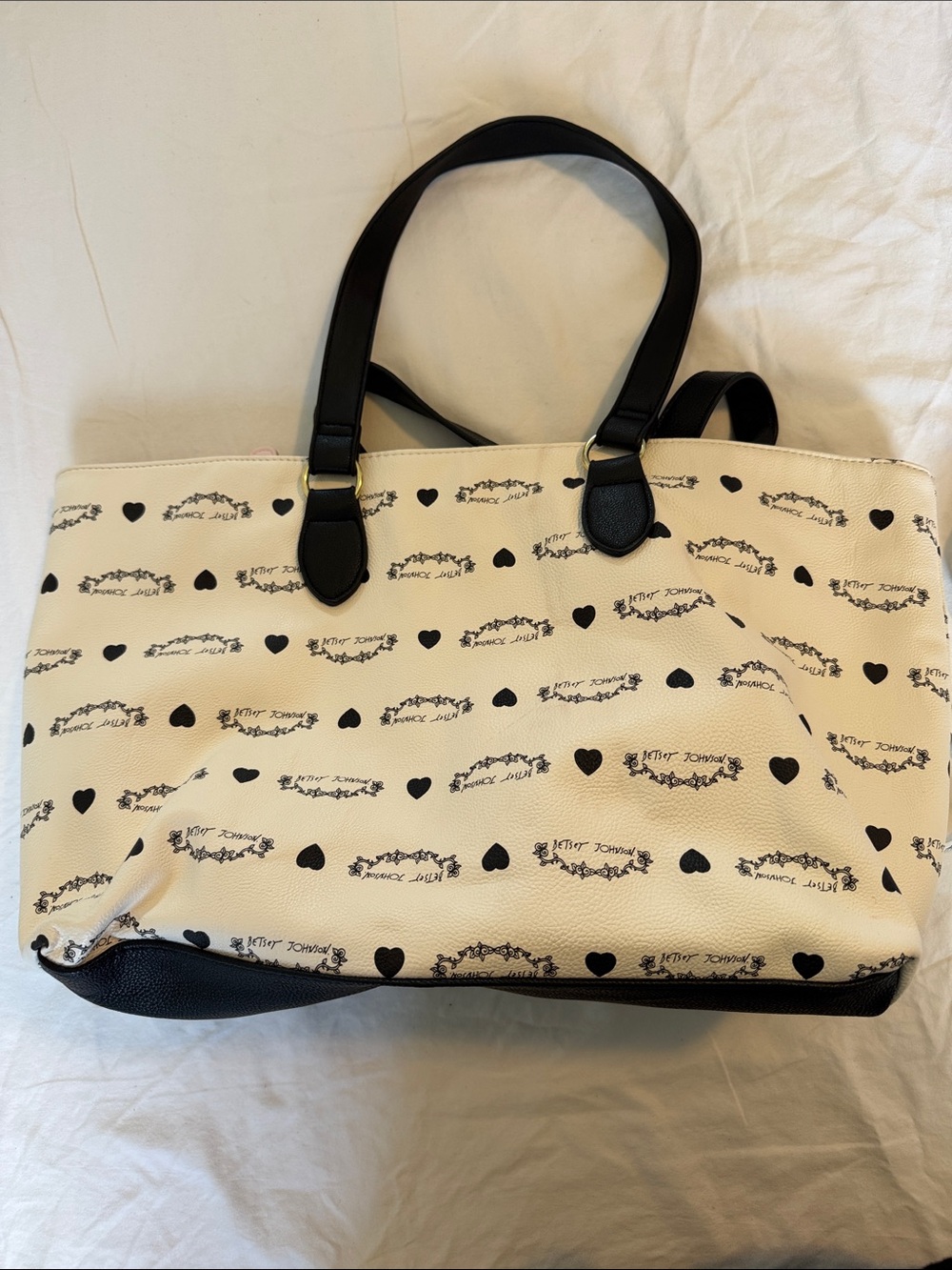 Betsey Johnson Cream and Black Logo Heart Tote with Floral Rose Interior - Picture 6 of 8